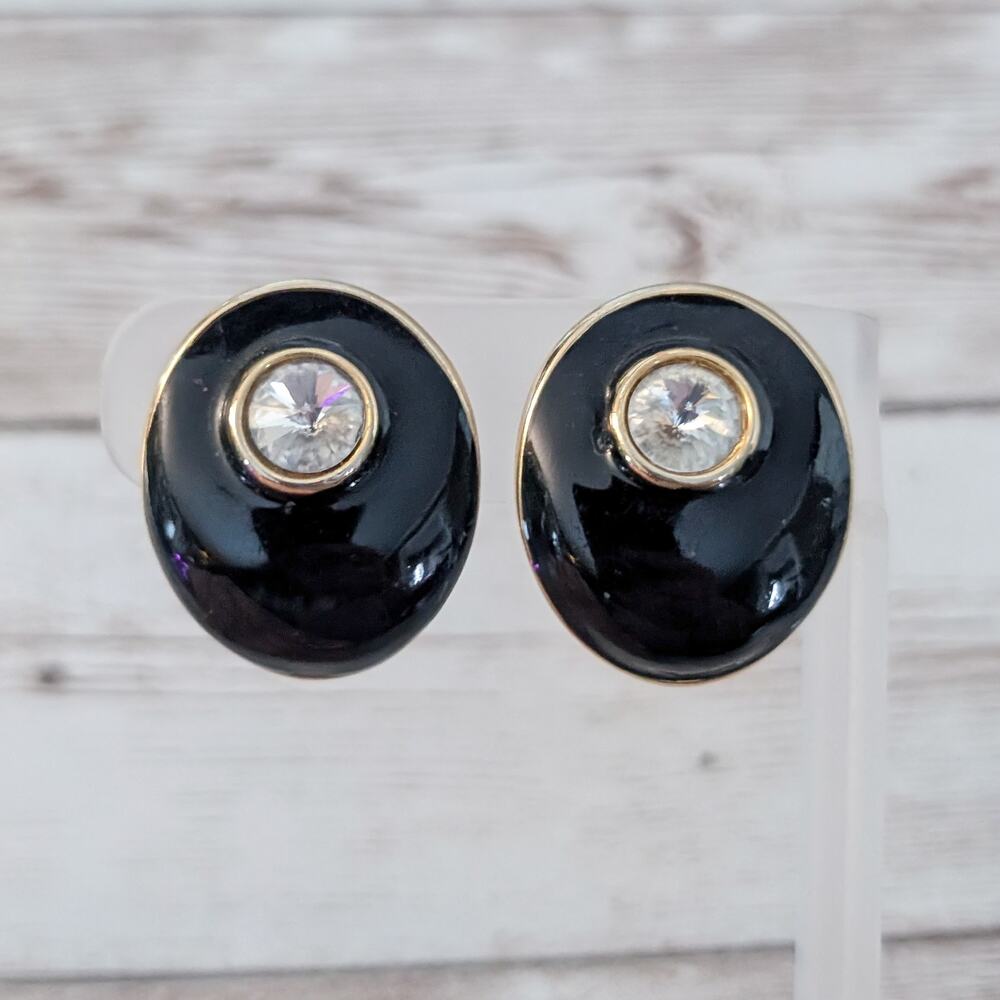 Vintage Clip On Earrings Black Oval with Clear Gems & Gold Tone